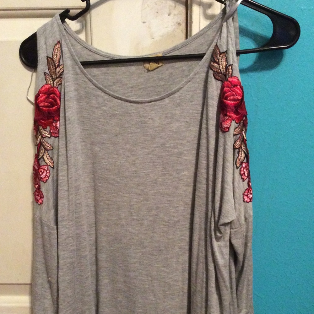 Flower embroidered, cold shoulder gray long sleeve